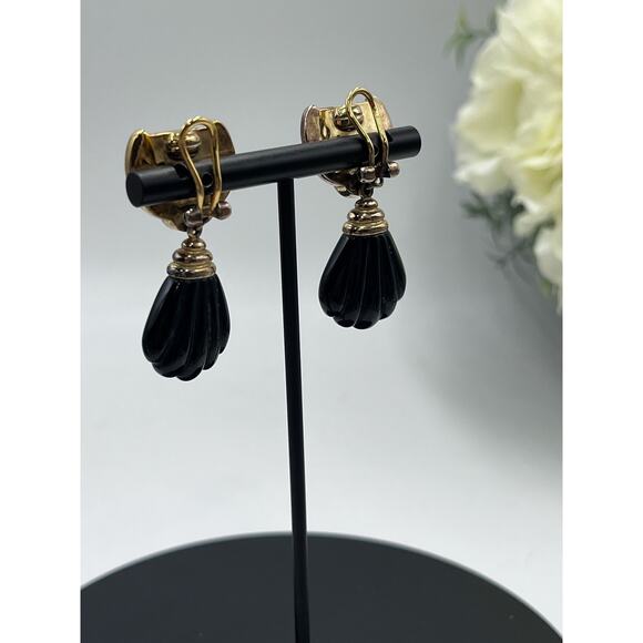 Kylo Vintage Sterling Silver Vermeil Obsidian Garnet Gem Clip On Runway Earrings - Picture 4 of 16